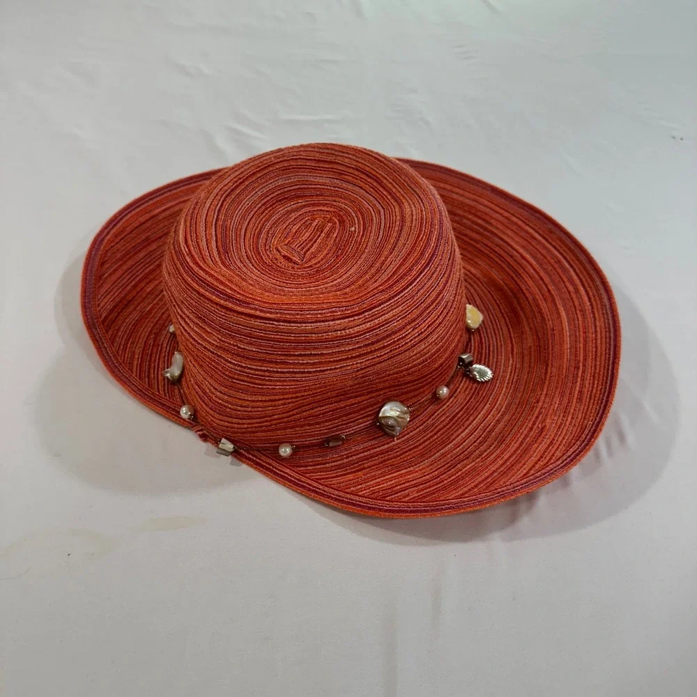 Cappelli Straworld Sun Hat Womens Coral Woven Seashell Beaded Wide Brim Beach